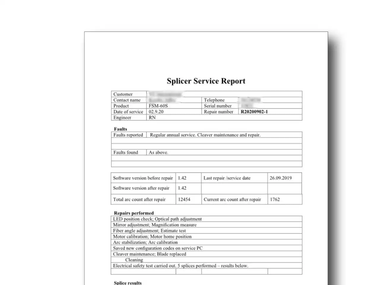 Fujikura splicer service report